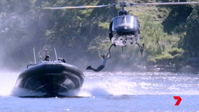 Anna Heinrich jumps from a speeding boat into a helicopter.