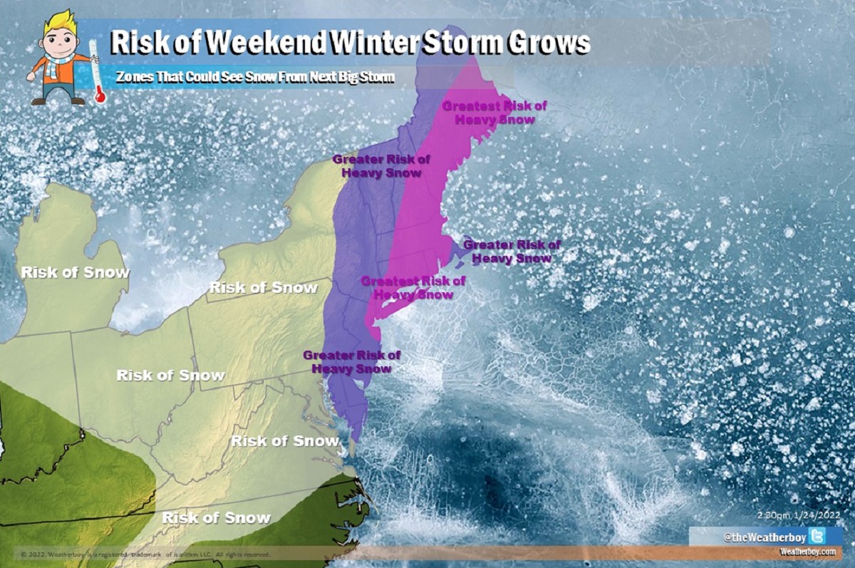 While snow is possible throughout the Great Lakes and New England, there are better chances for 6" or more of snow extends from eastern Upstate New York and eastern Pennsylvania north and east into New England. Best odds for heavy snow right now appear to be over eastern Maine and New Hampshire, central Massachusetts, western Rhode Island, Connecticut, Long Island, the New York City metro area, and eastern portions of northern and central New Jersey. Image: Weatherboy